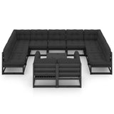 12 Piece Garden Lounge Set with Cushions Black Solid Pinewood