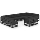 12 Piece Garden Lounge Set with Cushions Black Solid Pinewood - Front View