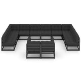 12 Piece Garden Lounge Set with Cushions Black Solid Pinewood - Side View