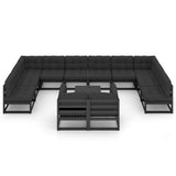 13 Piece Garden Lounge Set with Cushions Black Solid Pinewood - Side View