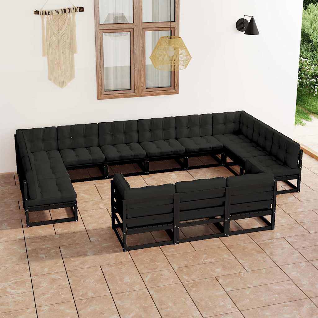 13 Piece Garden Lounge Set with Cushions Black Solid Pinewood
