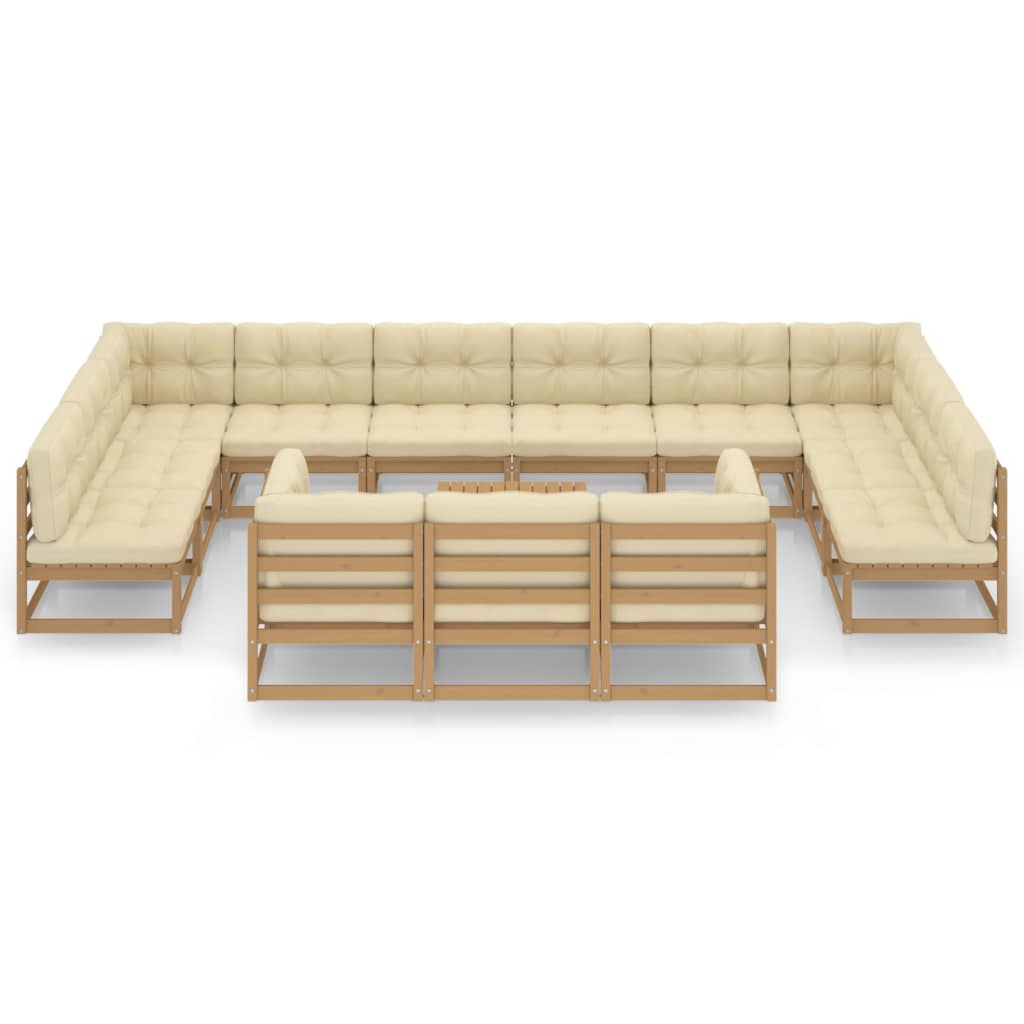 14 Piece Garden Lounge Set&Cushions Honey Brown Solid Pinewood
