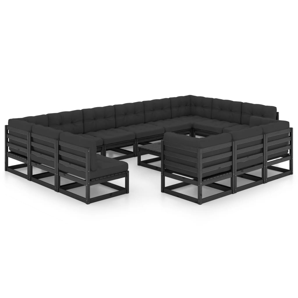 14 Piece Garden Lounge Set with Cushions Black Solid Pinewood