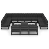 14 Piece Garden Lounge Set with Cushions Black Solid Pinewood