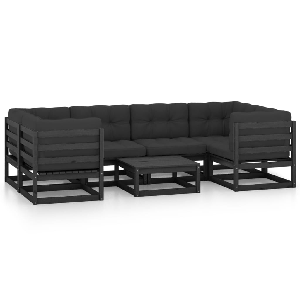 7 Piece Garden Lounge Set with Cushions Black Solid Pinewood
