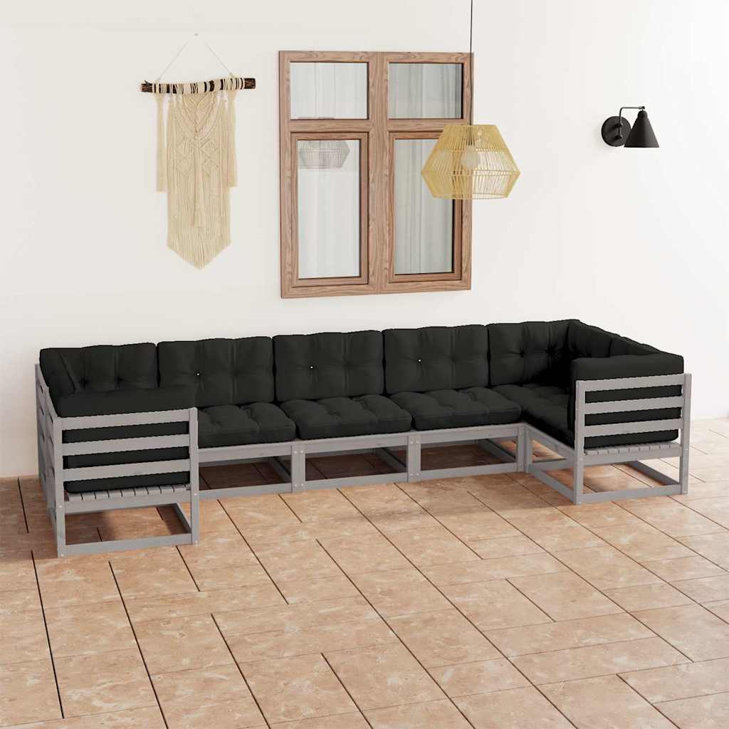 7 Piece Garden Lounge Set with Cushions Grey Solid Pinewood