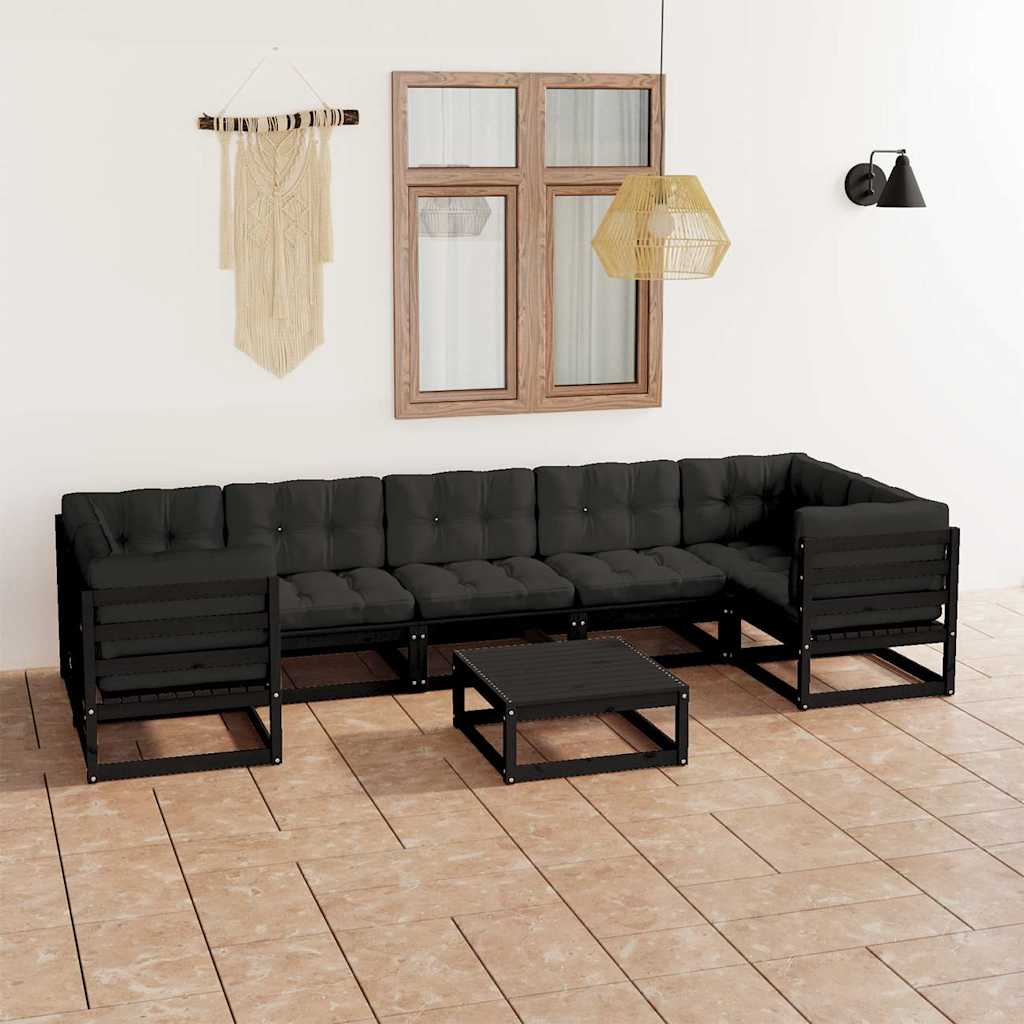8 Piece Garden Lounge Set with Cushions Black Solid Pinewood