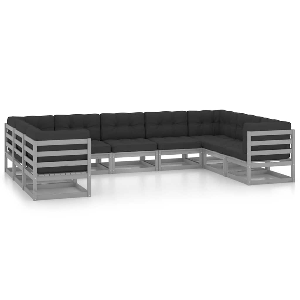 9 Piece Garden Lounge Set with Cushions Grey Solid Pinewood