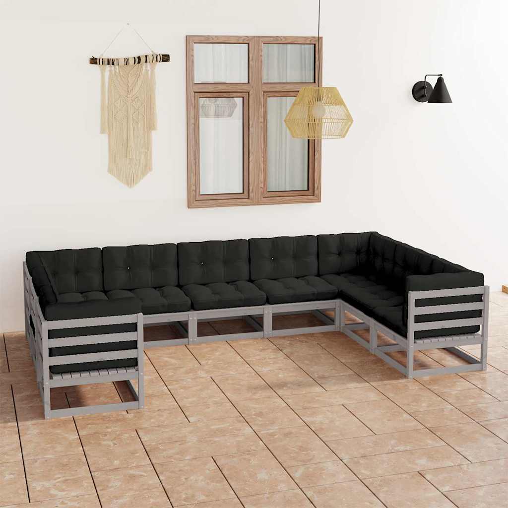 9 Piece Garden Lounge Set with Cushions Grey Solid Pinewood