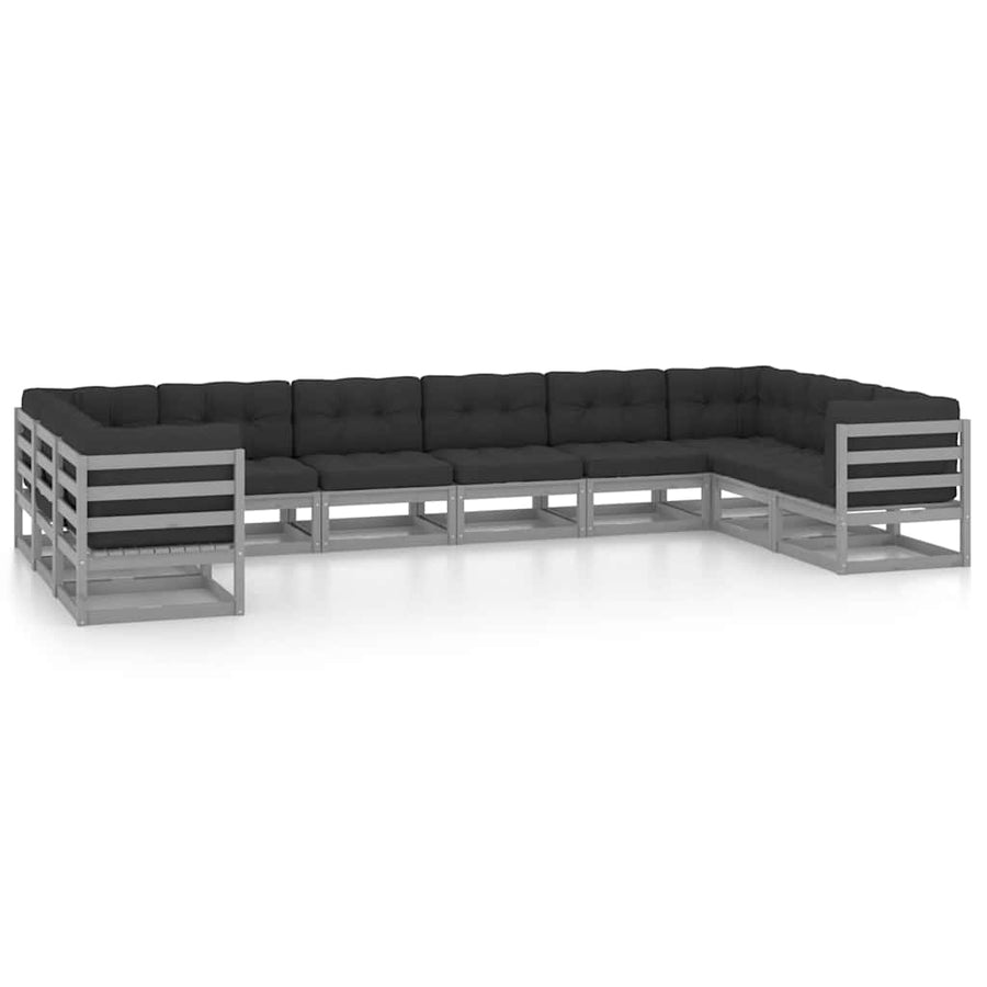 10 Piece Garden Lounge Set with Cushions Grey Solid Pinewood