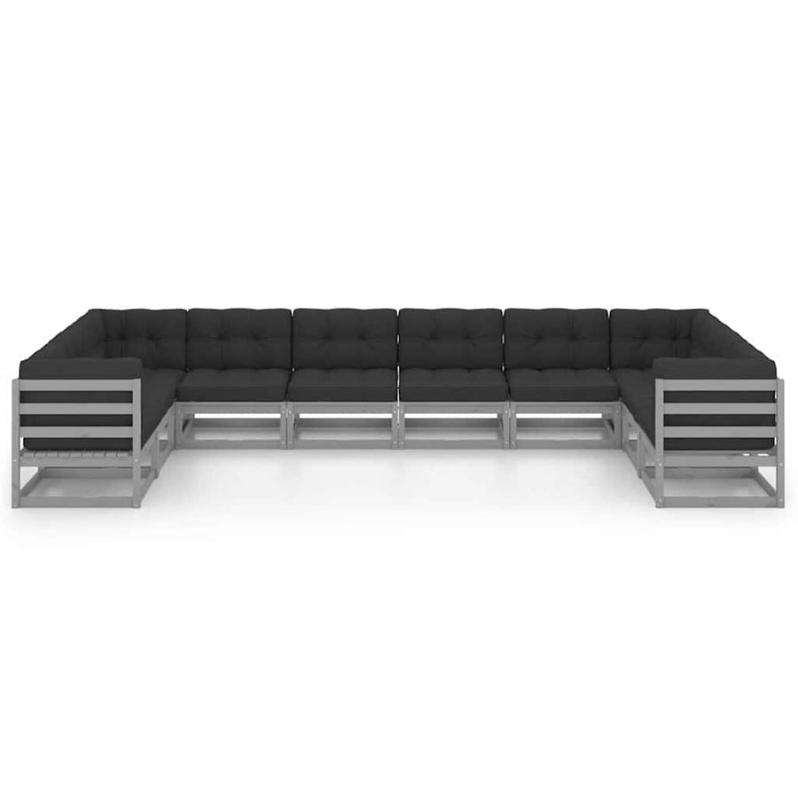 10 Piece Garden Lounge Set with Cushions Grey Solid Pinewood