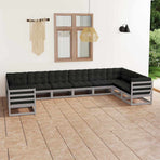 10 Piece Garden Lounge Set with Cushions Grey Solid Pinewood