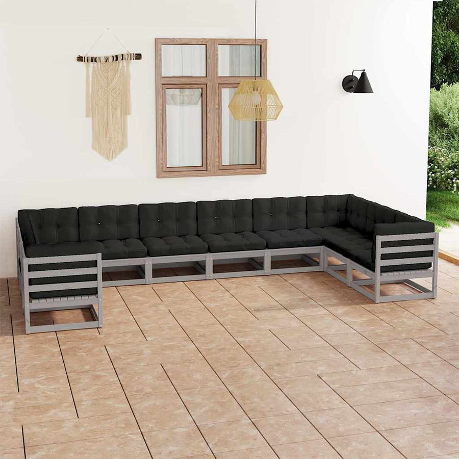 10 Piece Garden Lounge Set with Cushions Grey Solid Pinewood