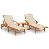Sun Loungers 2 pcs with Table and Cushions Solid Acacia Wood