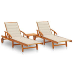 Sun Loungers 2 pcs with Table and Cushions Solid Acacia Wood