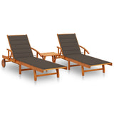 Sun Loungers 2 pcs with Table and Cushions Solid Acacia Wood