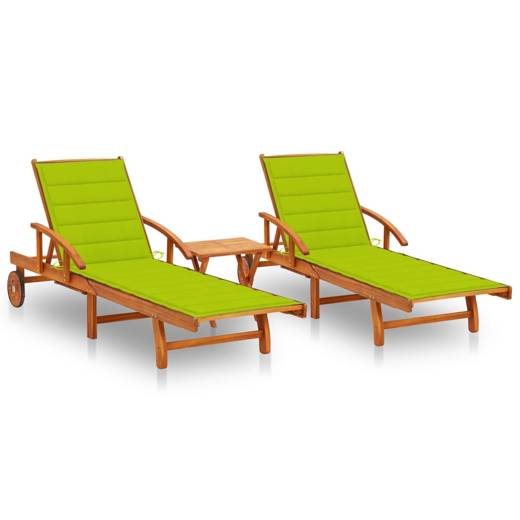 Sun Loungers 2 pcs with Table and Cushions Solid Acacia Wood