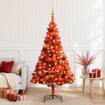 Artificial Pre-lit Christmas Tree with Ball Set Red 150 cm PVC