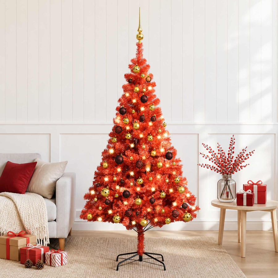 Artificial Pre-lit Christmas Tree with Ball Set Red 150 cm PVC