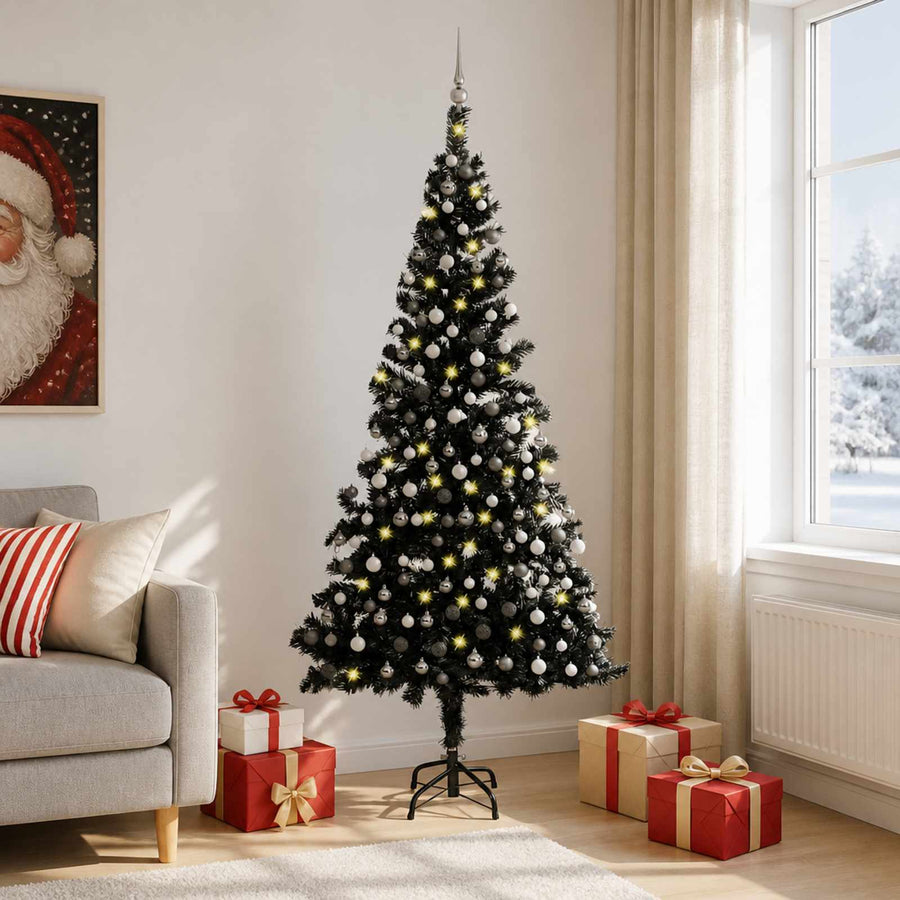 Artificial Pre-lit Christmas Tree with Ball Set Black 210cm PVC