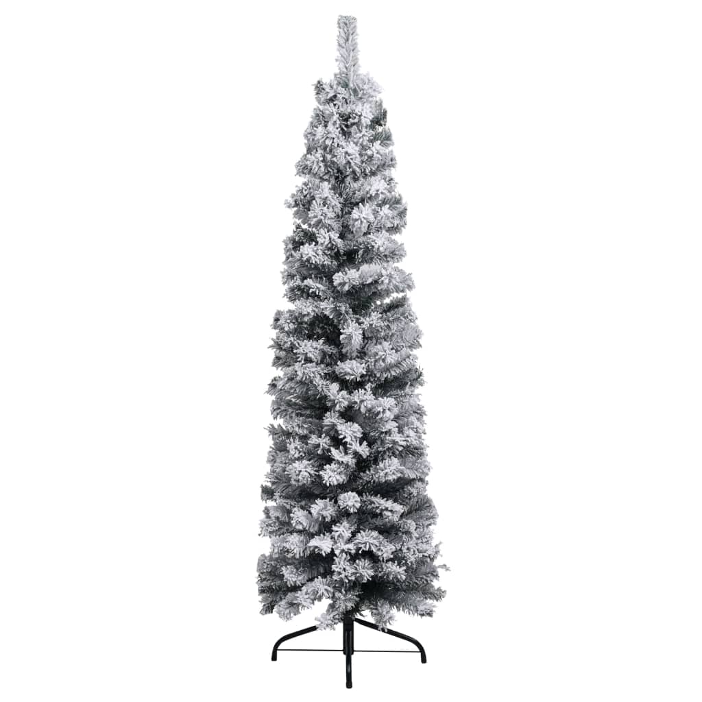 Slim Pre-lit Christmas Tree with Flocked Snow Green 150 cm PVC