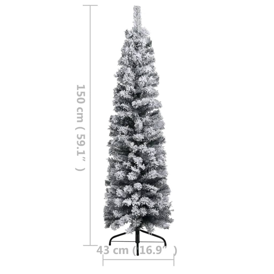 Slim Pre-lit Christmas Tree with Flocked Snow Green 150 cm PVC
