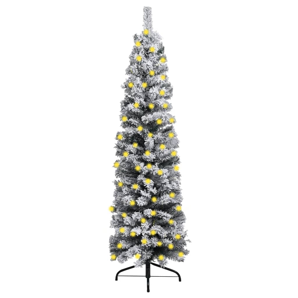Slim Pre-lit Christmas Tree with Flocked Snow Green 180 cm PVC