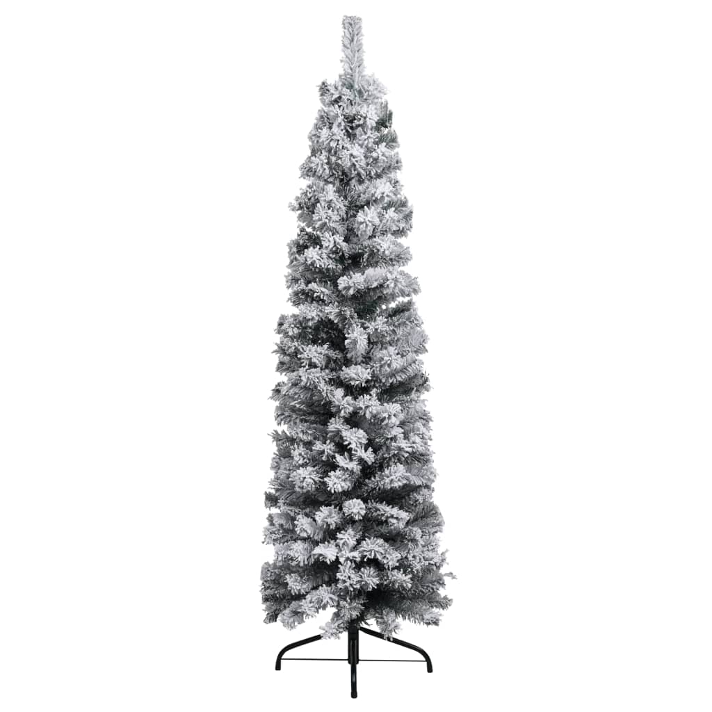Slim Pre-lit Christmas Tree with Flocked Snow Green 180 cm PVC