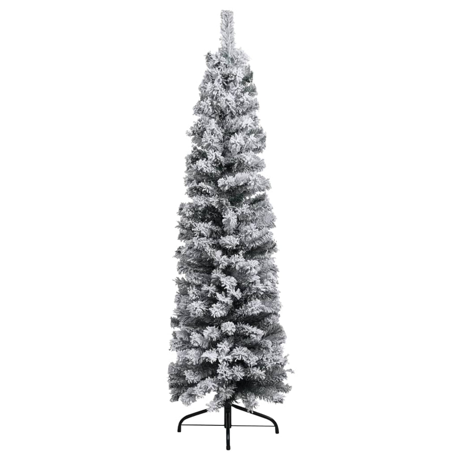 Slim Pre-lit Christmas Tree with Flocked Snow Green 180 cm PVC