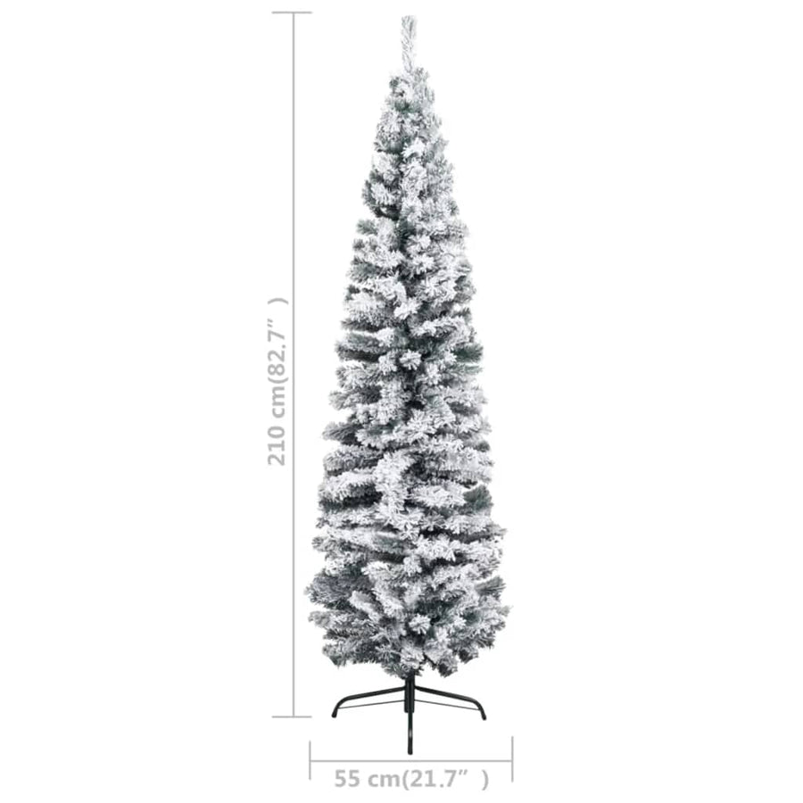 Slim Pre-lit Christmas Tree with Flocked Snow Green 210 cm PVC