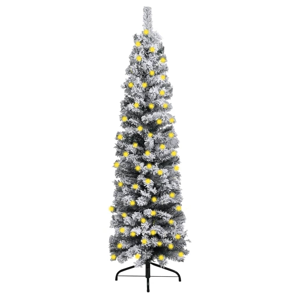 Slim Pre-lit Christmas Tree with Flocked Snow Green 240 cm PVC