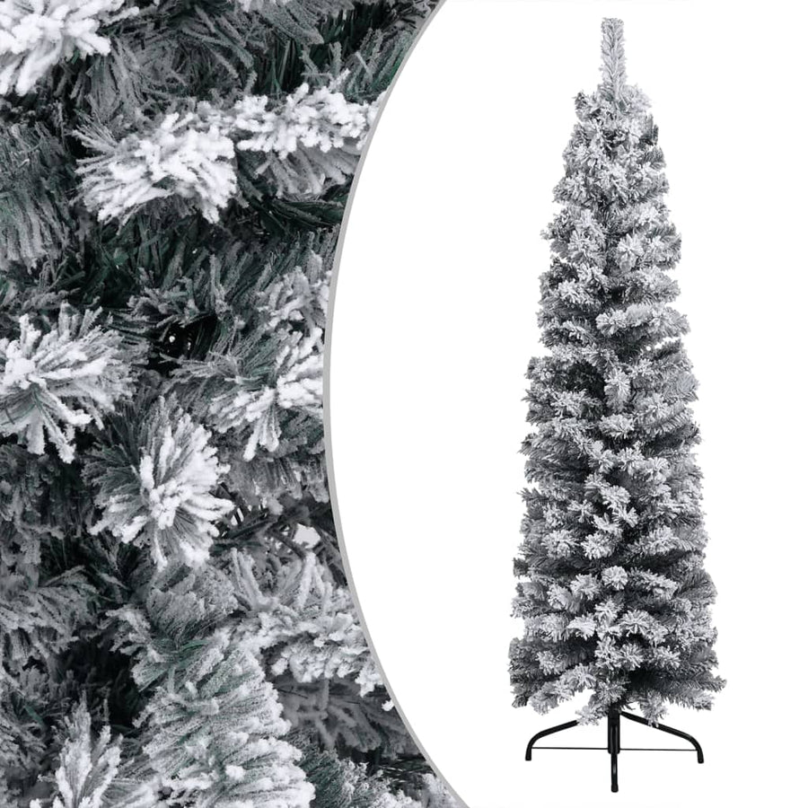 Slim Pre-lit Christmas Tree with Flocked Snow Green 240 cm PVC