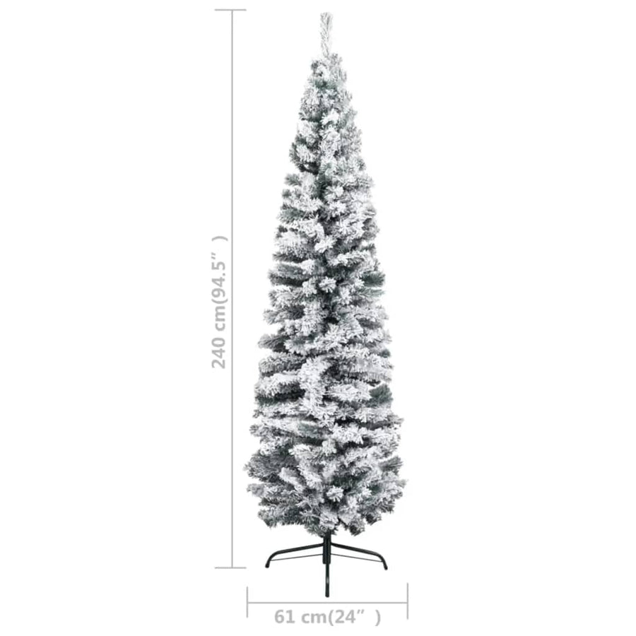 Slim Pre-lit Christmas Tree with Flocked Snow Green 240 cm PVC