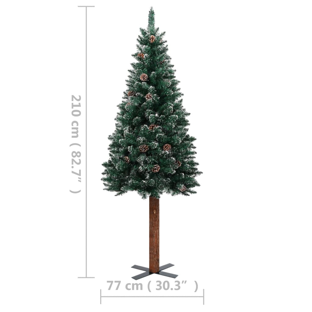 Slim Pre-lit Christmas Tree with Real Wood&White Snow Green 210 cm