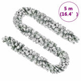 Christmas Garland with LEDs&Flocked Snow Green 5 m PVC