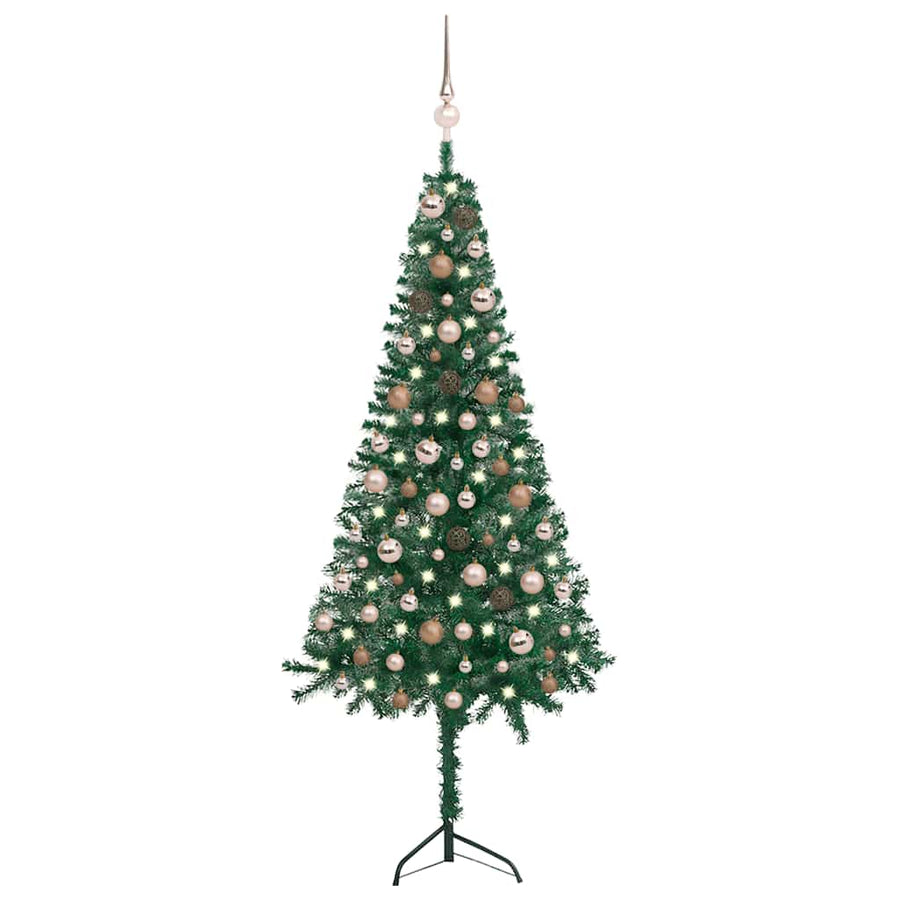 Corner Artificial Christmas Tree LEDs&Ball Set Green 150 cm PVC