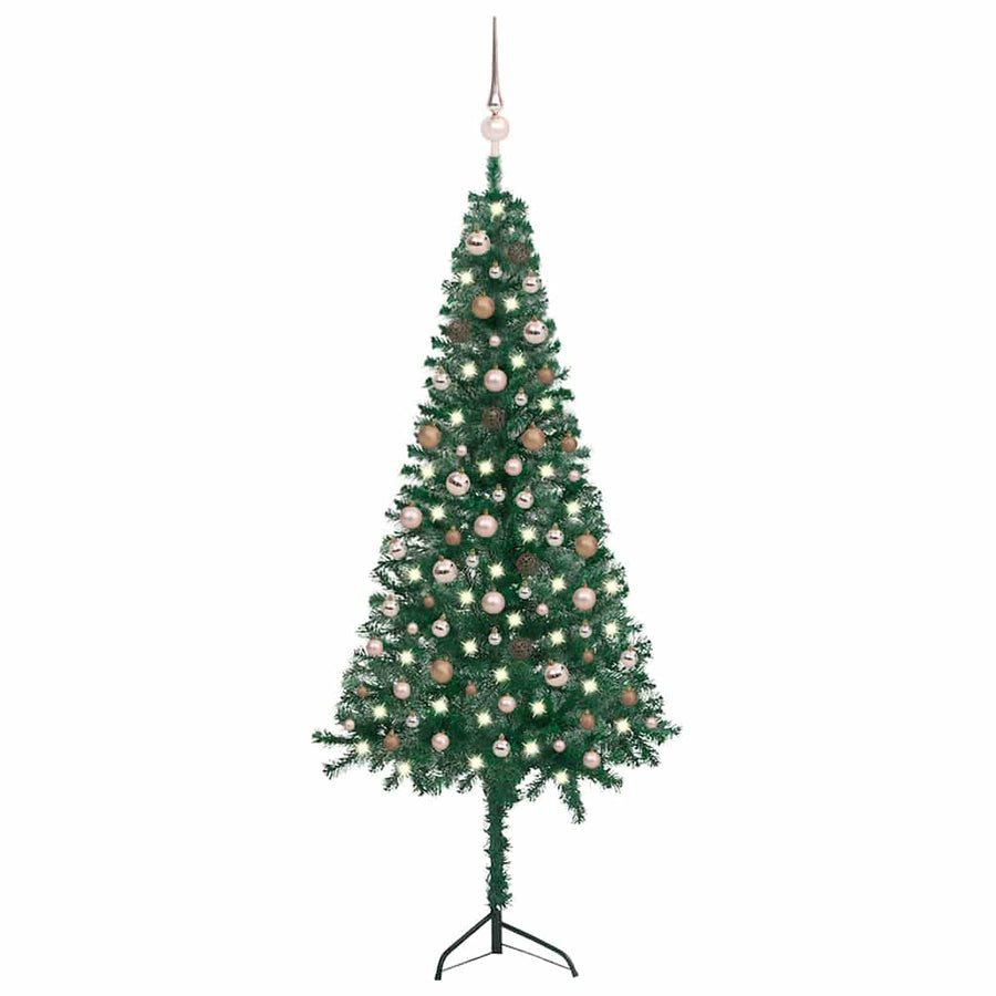 Corner Artificial Christmas Tree LEDs&Ball Set Green 210 cm PVC