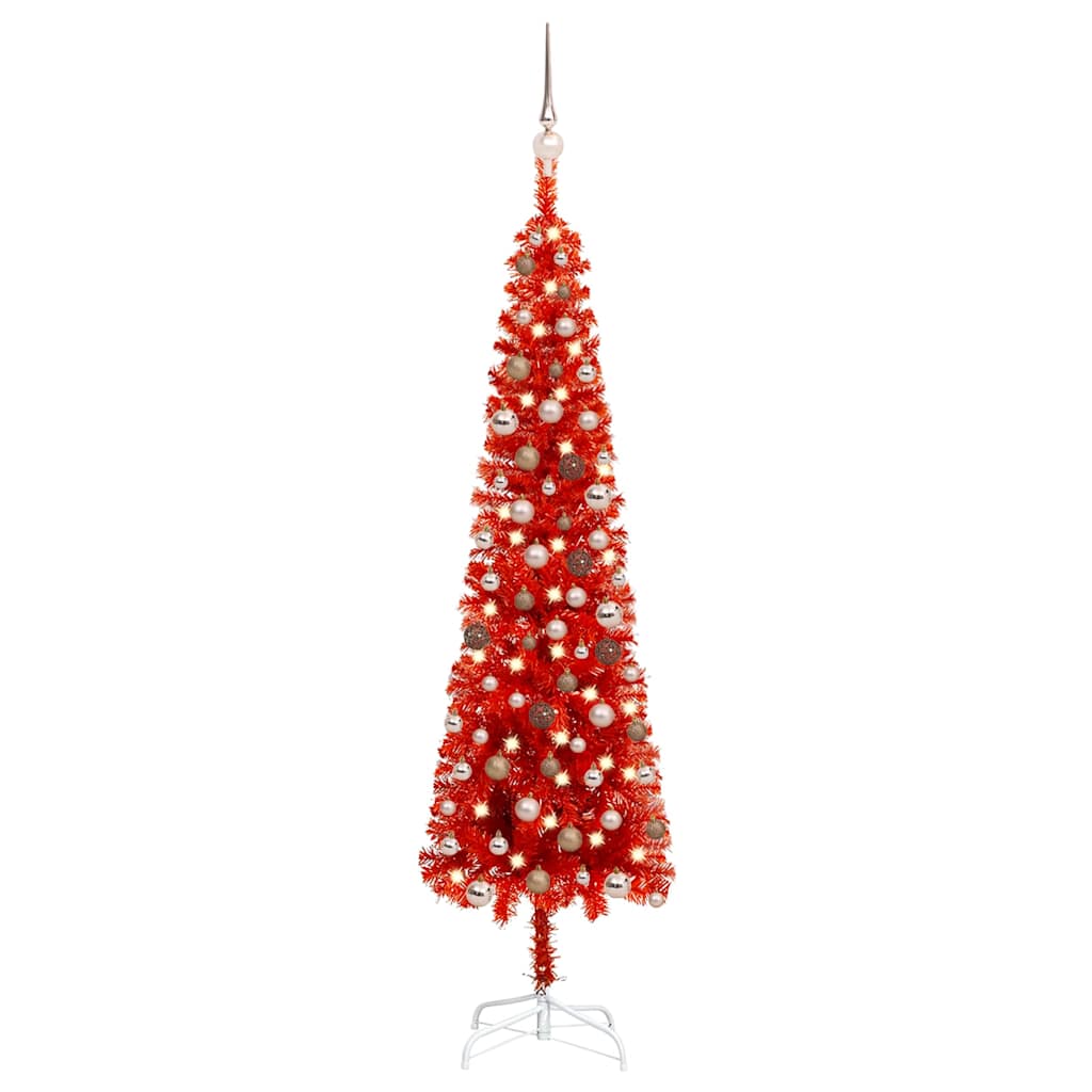 Slim Pre-lit Christmas Tree with Ball Set Red 180 cm