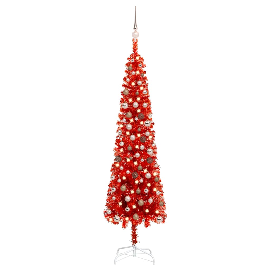 Slim Pre-lit Christmas Tree with Ball Set Red 210 cm