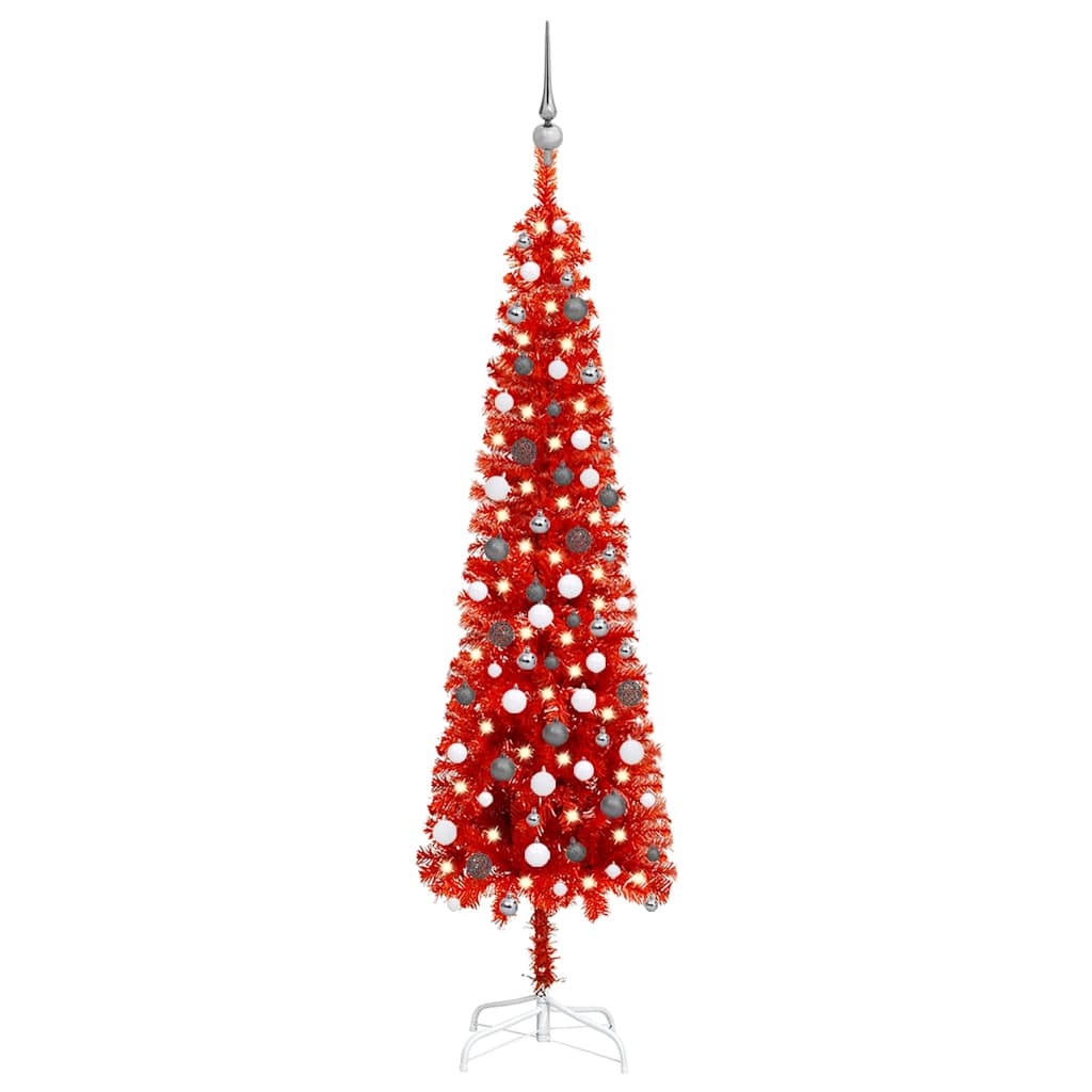 Slim Pre-lit Christmas Tree with Ball Set Red 210 cm