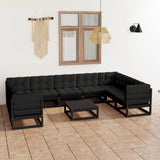 10 Piece Garden Lounge Set with Cushions Black Solid Pinewood