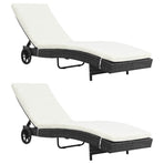 Sun Loungers 2 pcs with Wheels and Cushions Poly Rattan Black