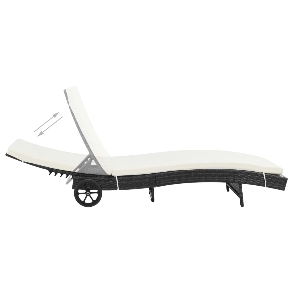 Sun Loungers 2 pcs with Wheels and Cushions Poly Rattan Black