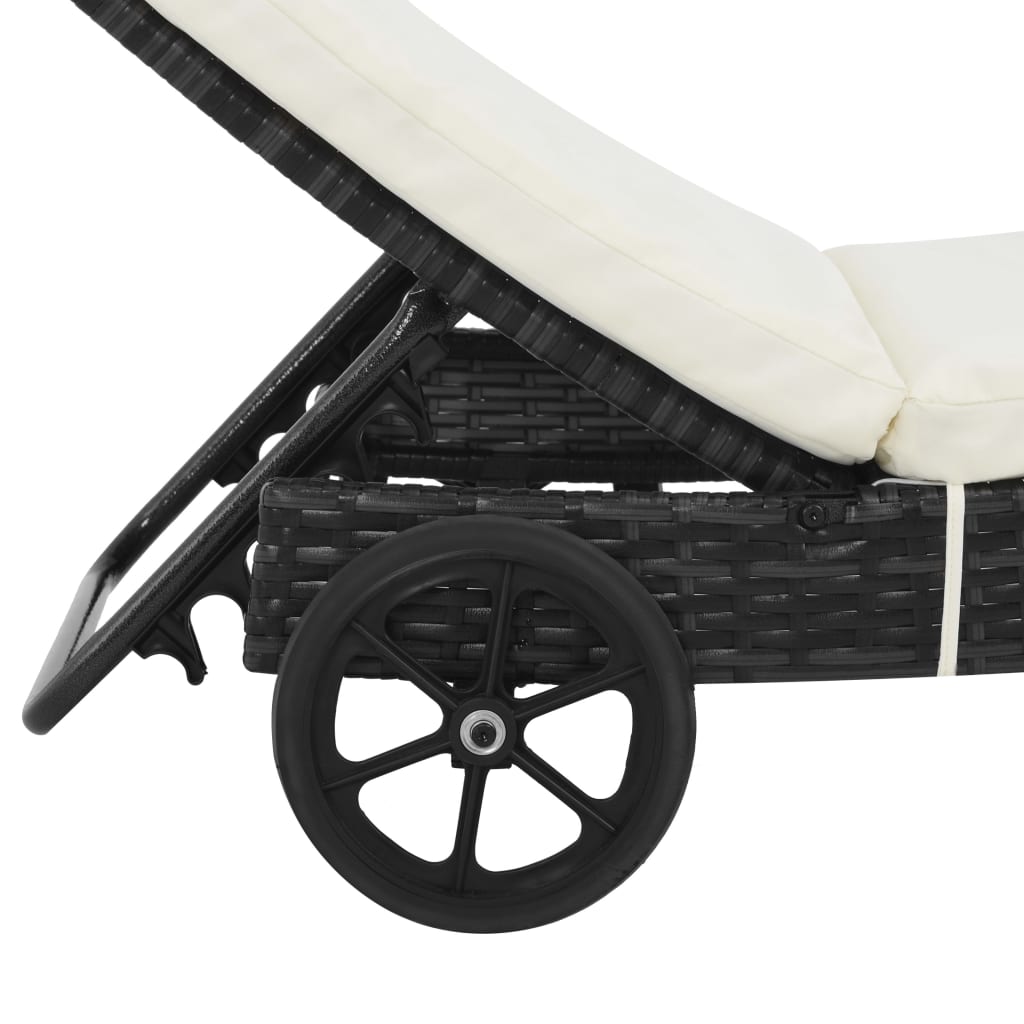 Sun Loungers 2 pcs with Wheels and Cushions Poly Rattan Black