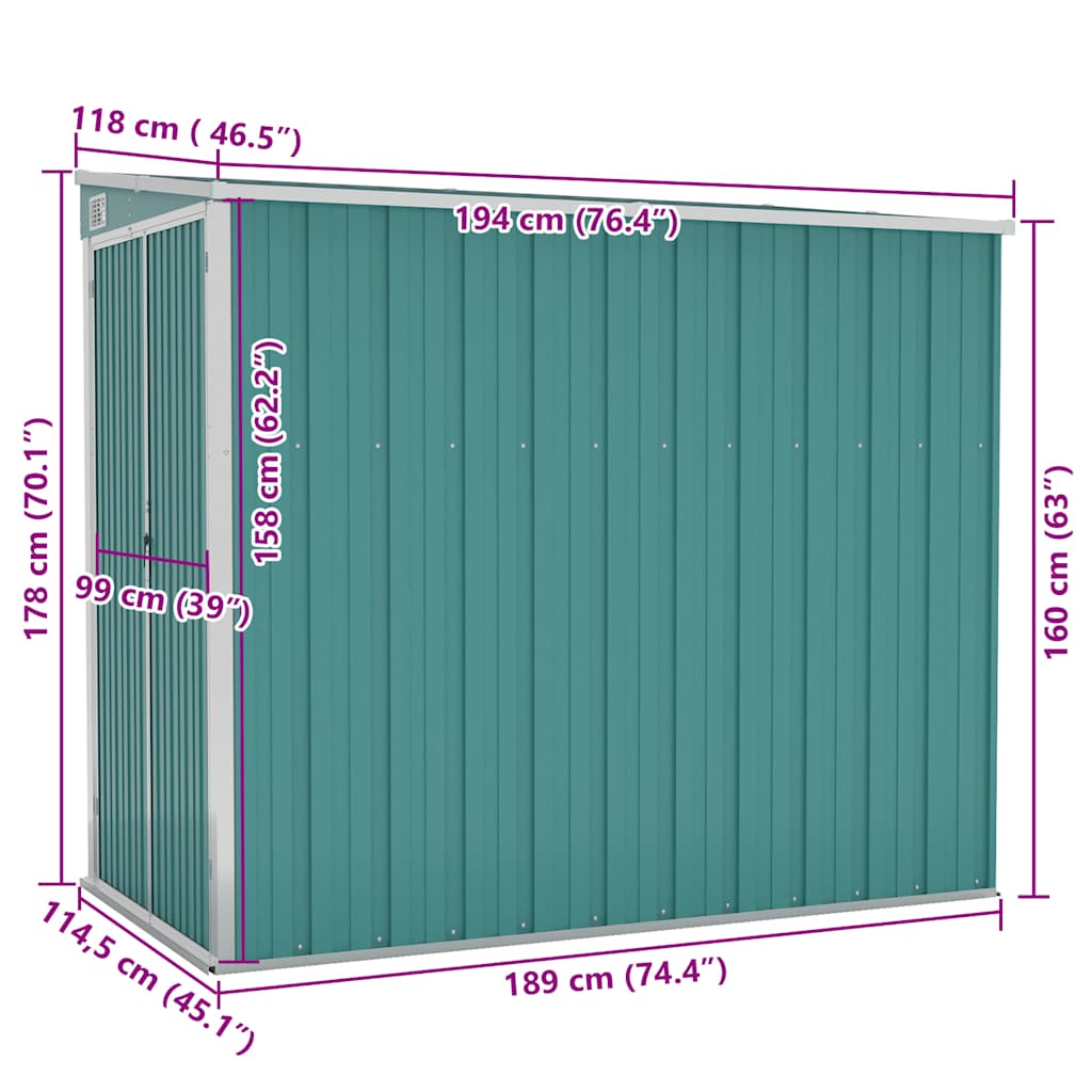 Wall-mounted Garden Shed Green 118x194x178 cm Galvanised Steel