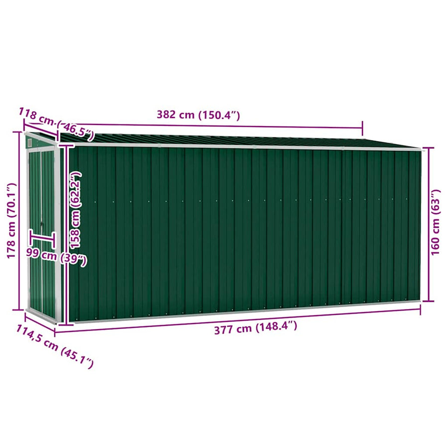 Wall-mounted Garden Shed Green 118x382x178 cm Galvanised Steel