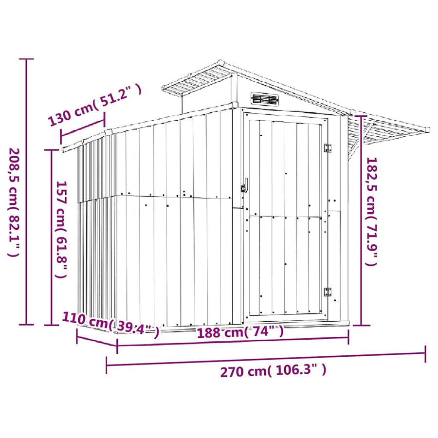 Garden Shed Brown 270x130x208.5 cm Galvanised Steel