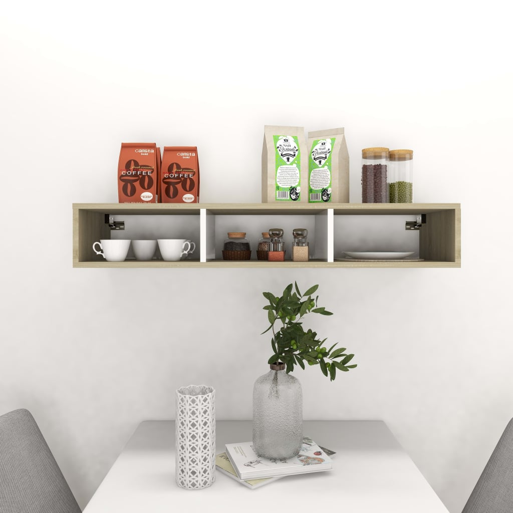 Wall Shelf Cabinet White and Sonoma Oak 102x30x17cm Engineered Wood
