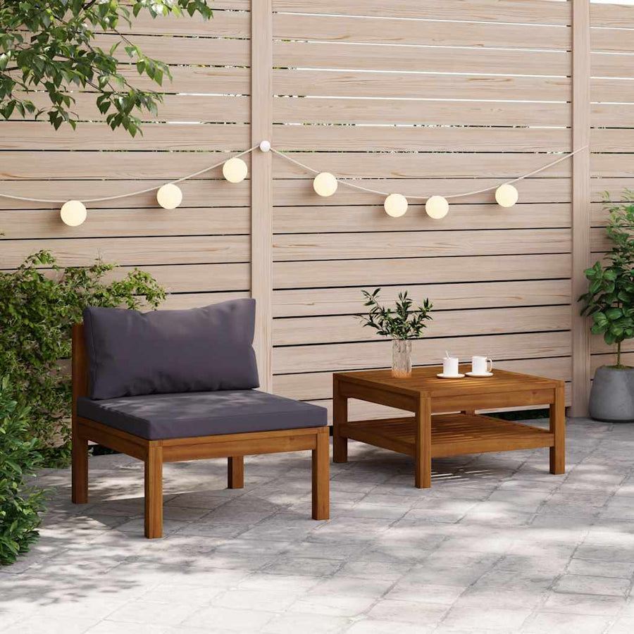 2 Piece Garden Sofa Set with Dark Grey Cushions Acacia Wood