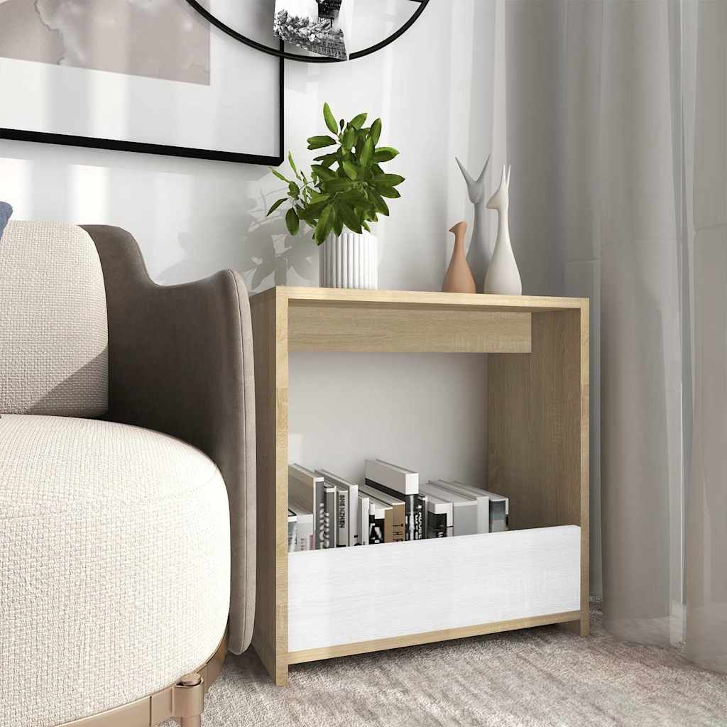 Side Table White and Sonoma Oak 50x26x50 cm Engineered Wood